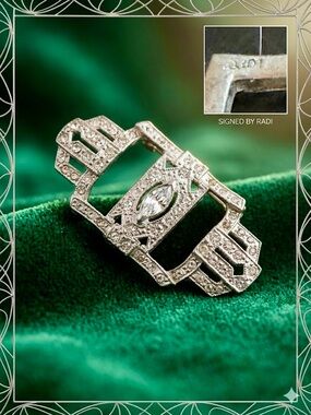Rare Signed RADI Art Deco Rhinestone Brooch 1920s Geometric Pot Metal Marquise